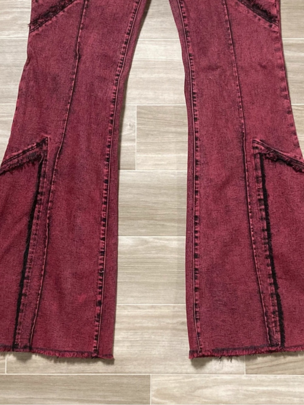 Fashion Nova Maroon Acid Wash Distressed Flare Jeans - Picture 5 of 8